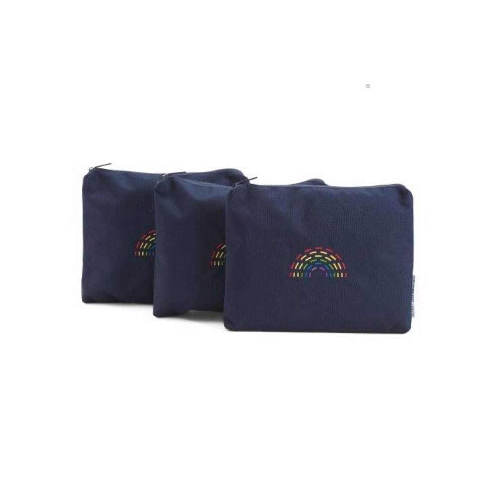 Calpak Navy Cosmetic Pouch Set with Rainbow Embroidery